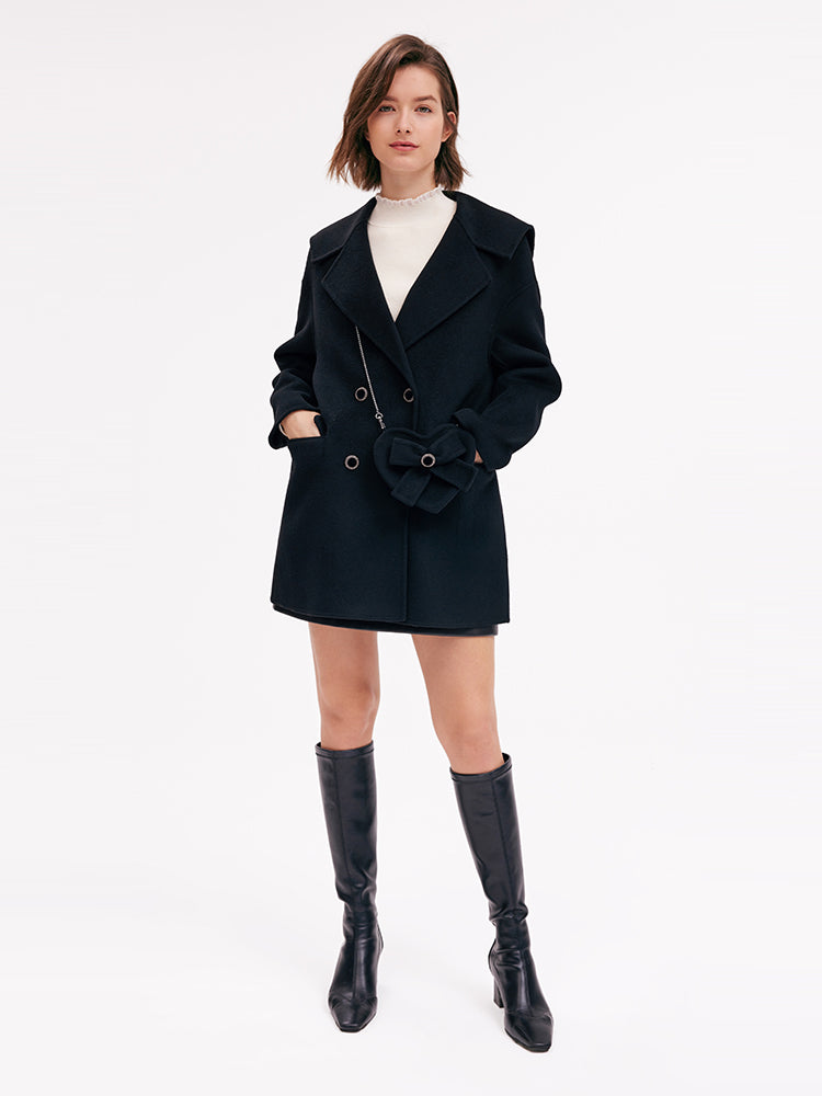 Double-Breasted Wool Women Coat With Heart-Shaped Bag GOELIA