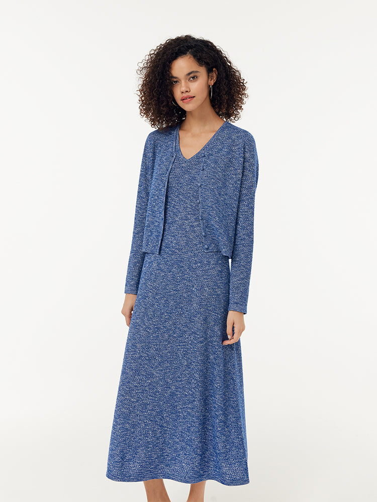 Wool Blend Knit Cardigan And Knit Vest Maxi Dress Two-Piece Set GOELIA