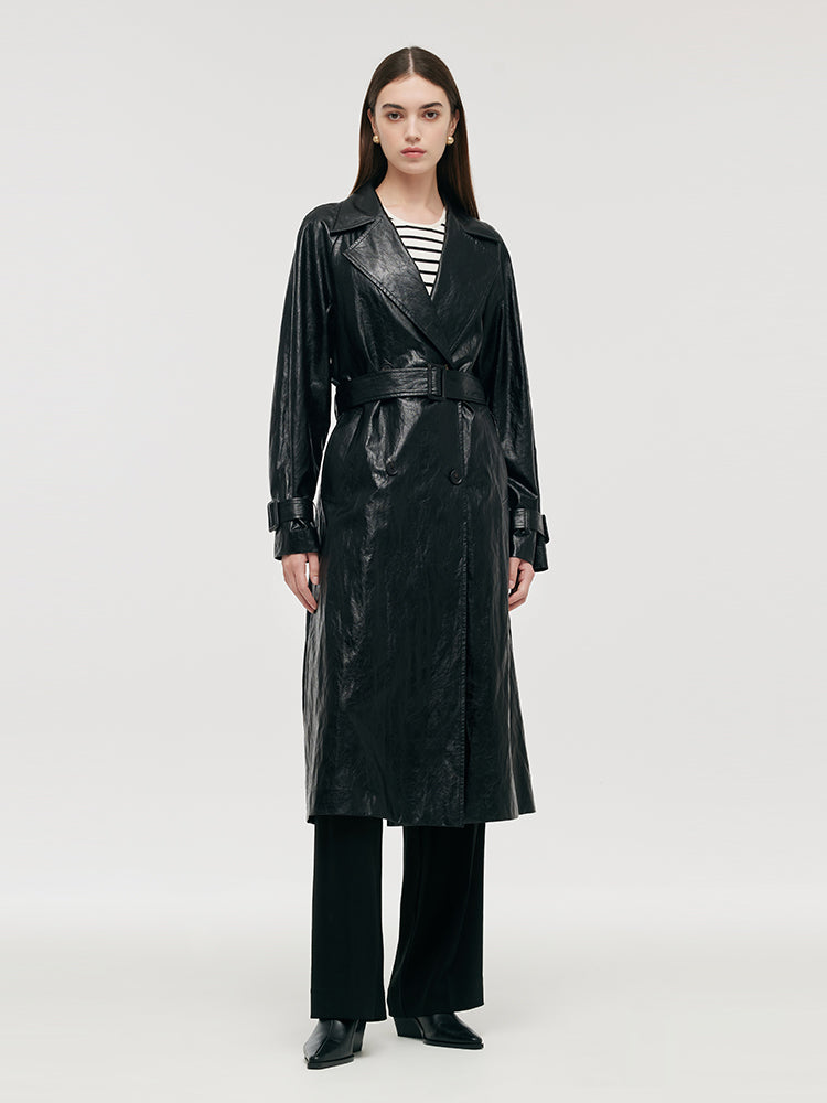 PU Leather Women Long Trench Coat GOELIA