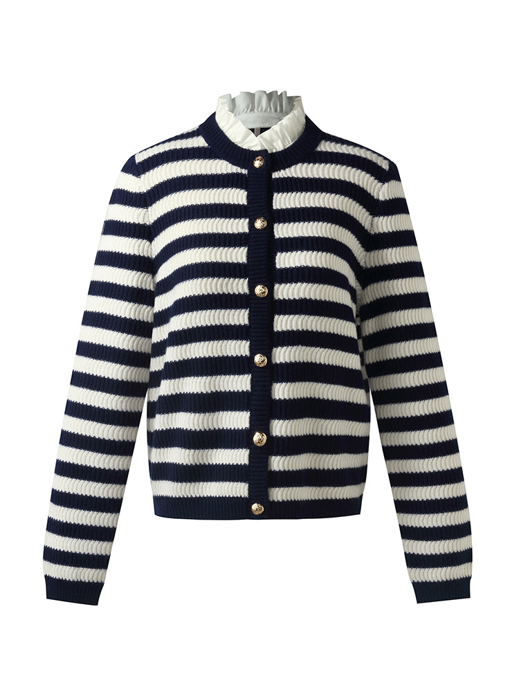 Blue And White Stripe Women Cardigan With Detachable Ruffle Collar GOELIA