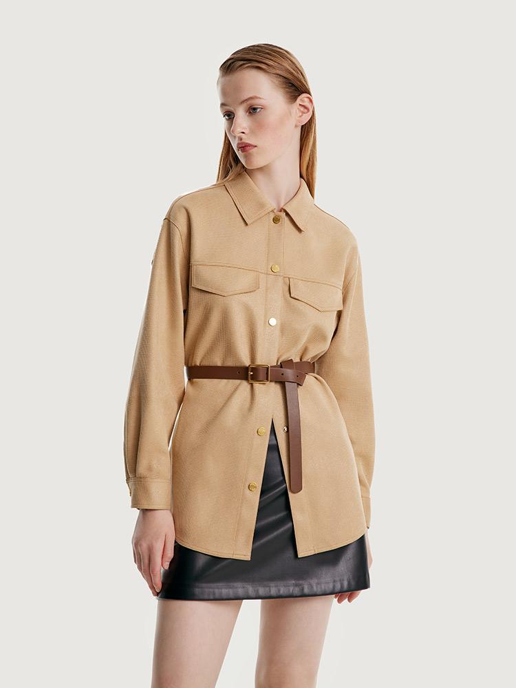 Faux Suede Coat With Leather Belt GOELIA