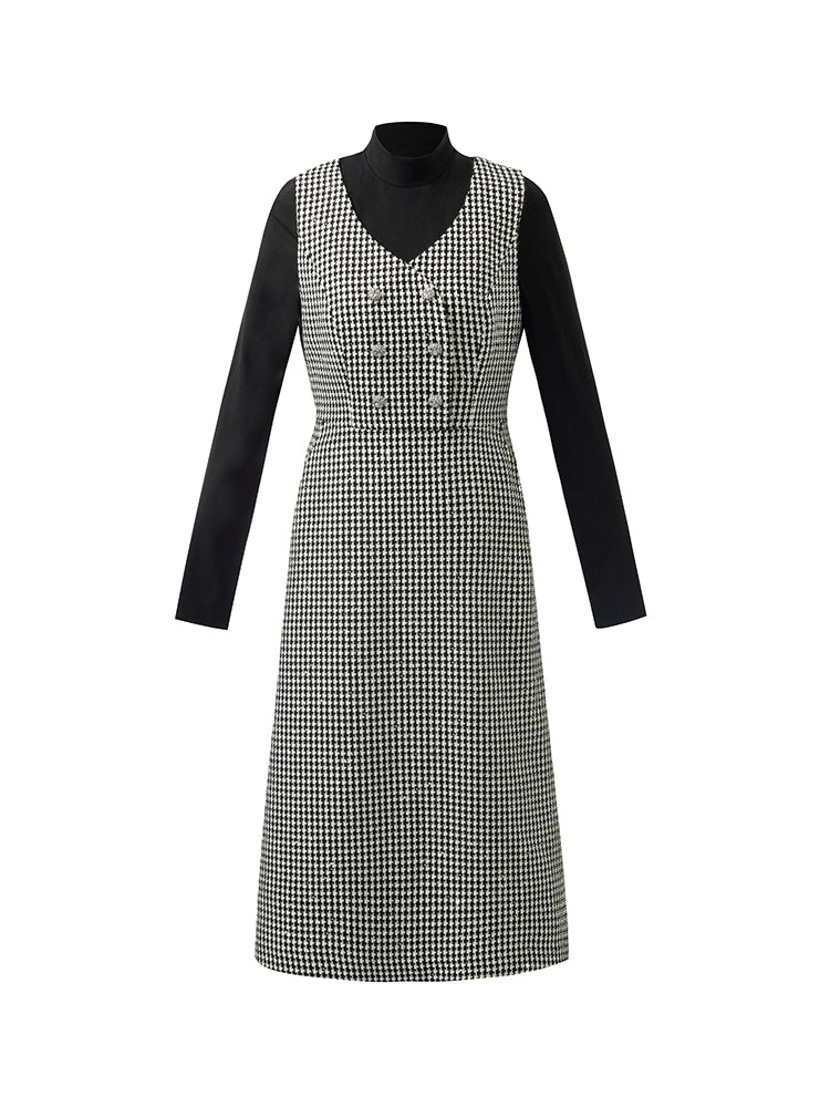 Black And White Houndstooth Vest Dress And Mock Neck Sweater Two-Piece Suit GOELIA