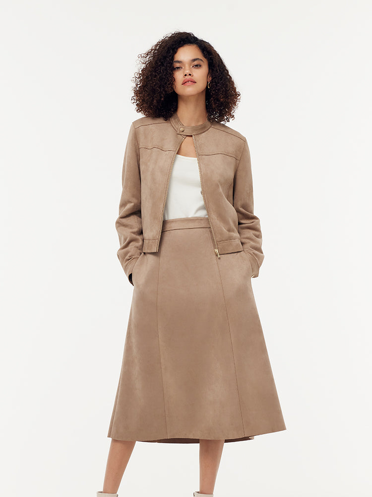 Suede Zip-Up Crop Jacket And Midi Skirt Two-Piece Set GOELIA