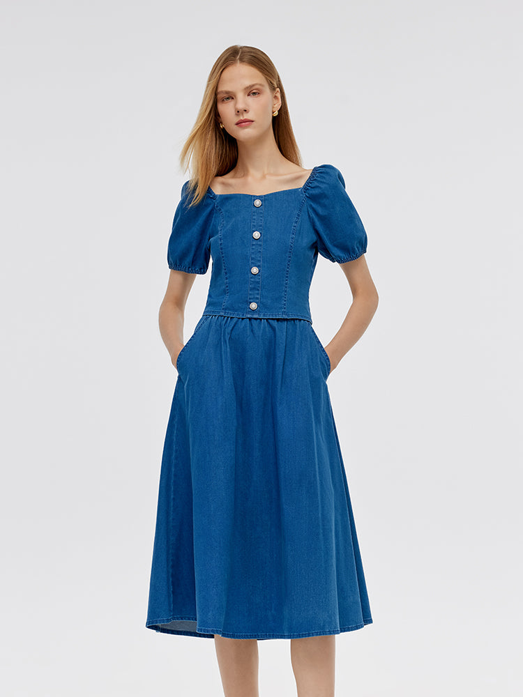 Denim Puff Sleeves Top And A-Line Skirt Two-Piece Set GOELIA