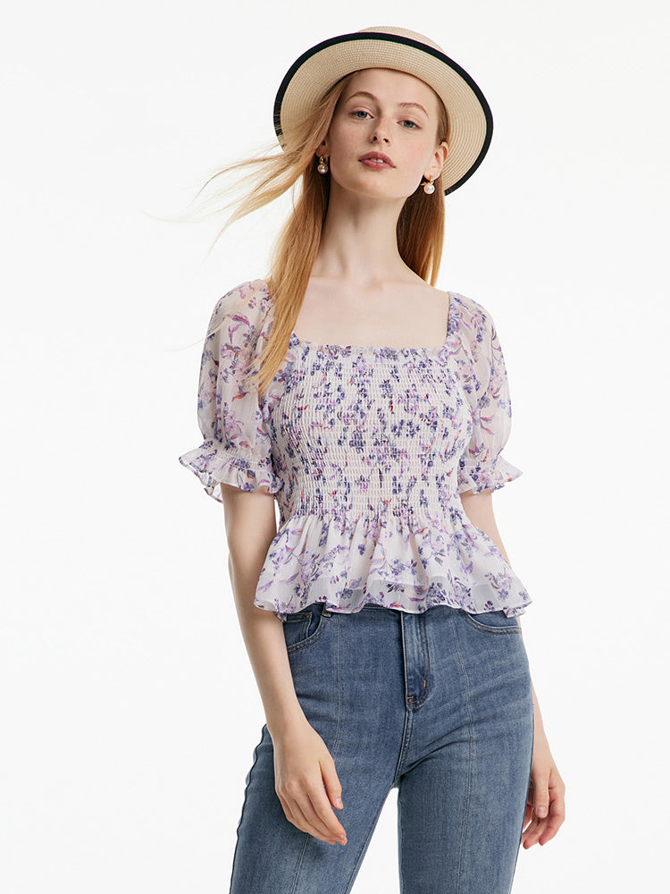 Purple Floral Off-Shoulder Ruffle Top GOELIA