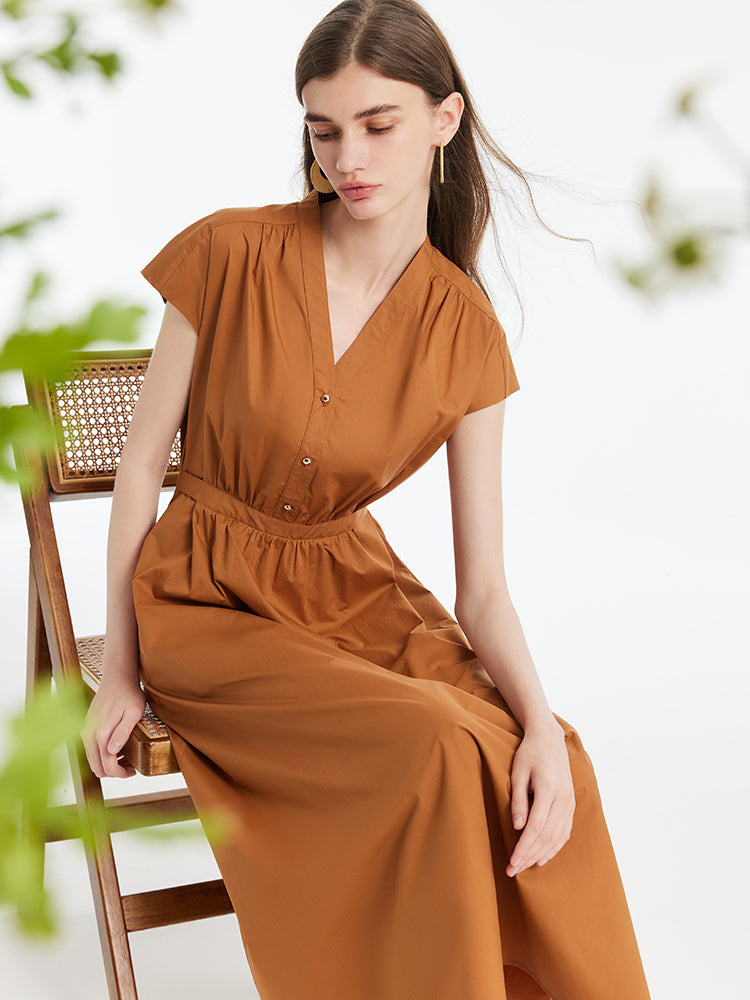 V-Neck Gathered Waist Women Maxi Dress GOELIA