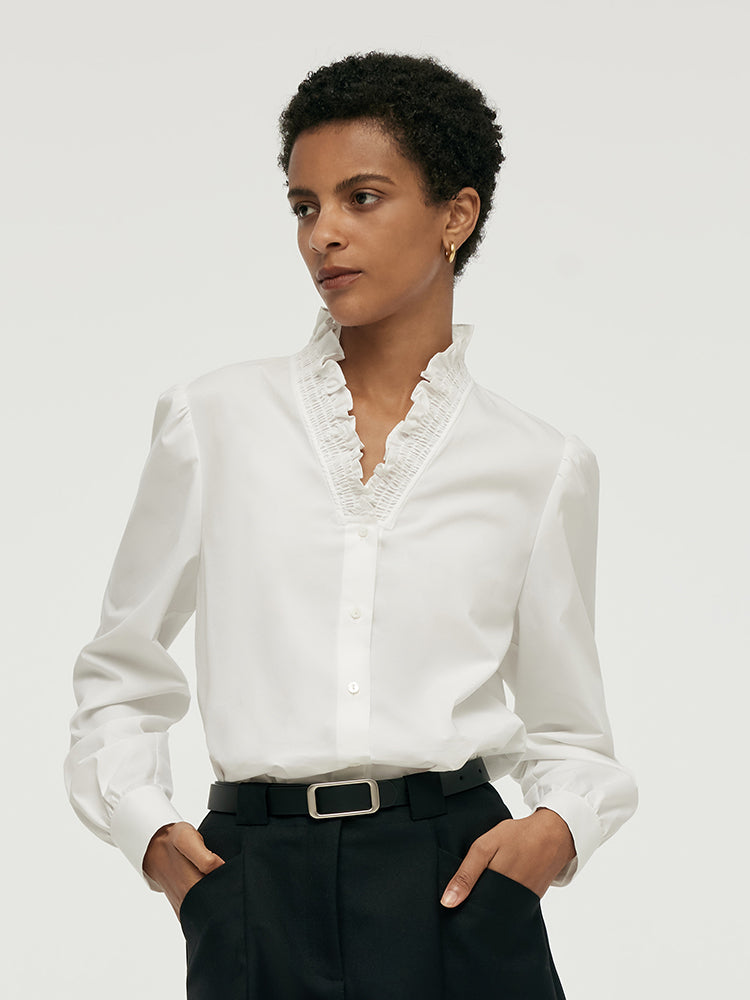 Ruffle Collared V-Neck Women Shirt GOELIA