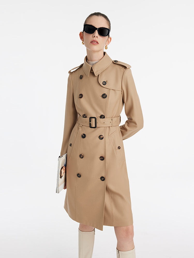 Worsted Wool Gathered Waist Double-Breasted Women Trench Coat – GOELIA