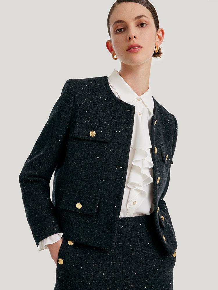 Elegant Black Tweed Cropped Women Jacket – GOELIA