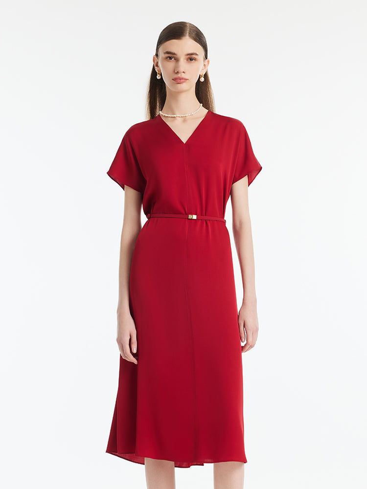 22 Momme Mulberry Silk V-Neck Women Midi Dress With Leather Belt GOELIA