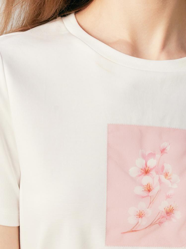 White Floral Print Woven T-shirt GOELIA