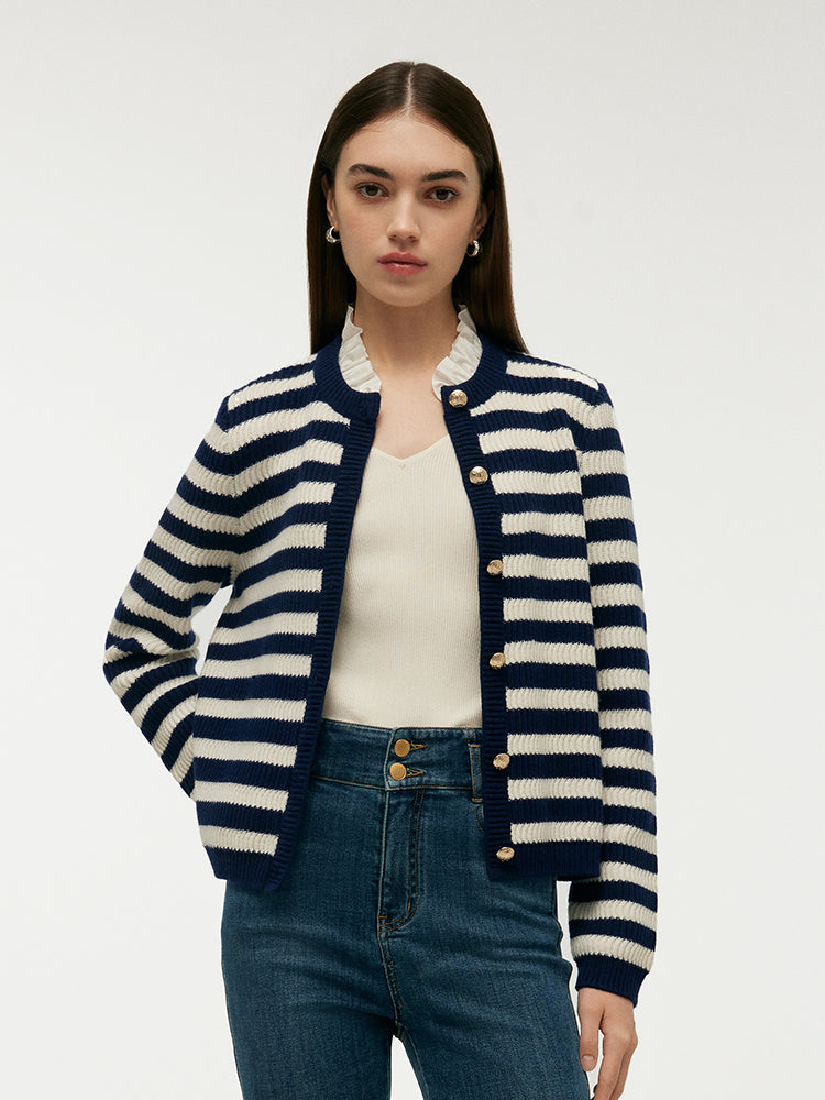 Blue And White Stripe Women Cardigan With Detachable Ruffle Collar GOELIA