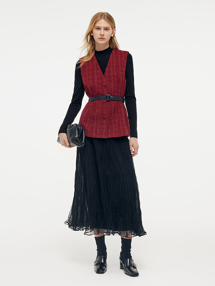 Tweed Vest And Midi Skirt And Knit Top Three-Piece Set With Belt GOELIA