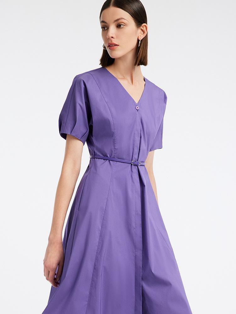 Cotton Short Sleeve V-neck Mini Dress With Belt GOELIA