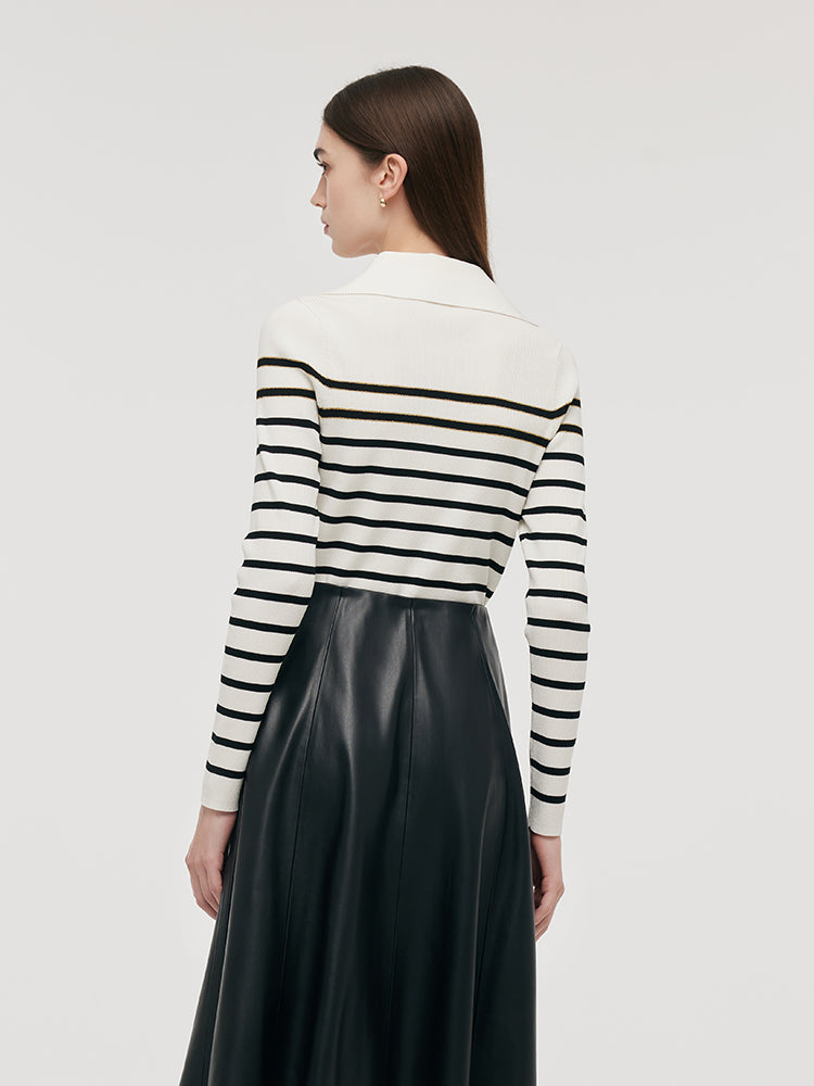 Black And White Stripe Zip-Up Women Cardigan GOELIA