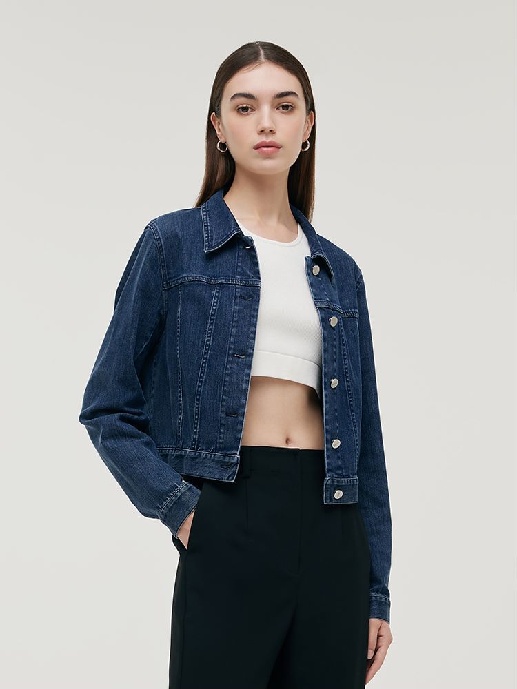 Denim Lapel Single Breasted Women Crop Jacket Goelia 