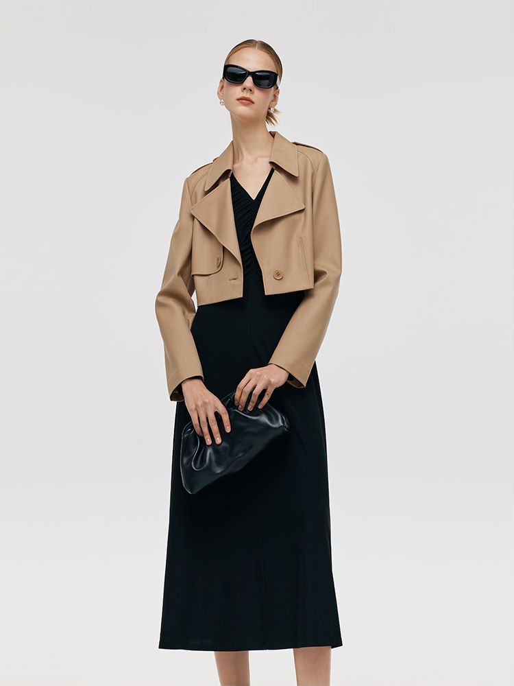 Worsted Wool Lapel Cropped Trench Coat And Acetate Midi Dress Two-Piece Set GOELIA