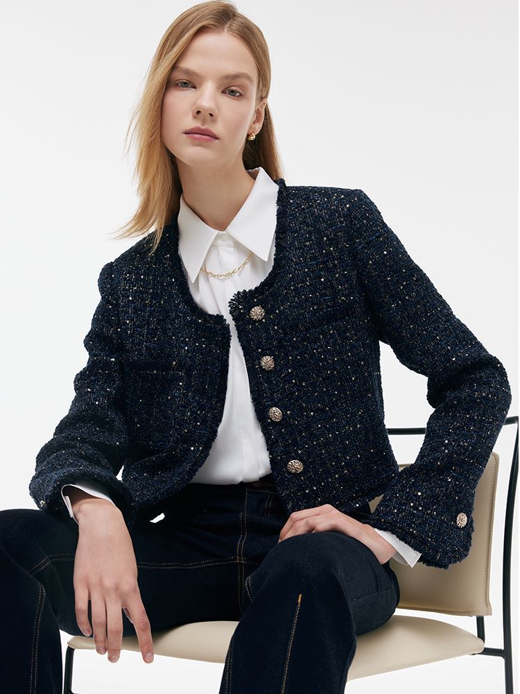 Wool Blend Tweed Square Neck Women Crop Jacket GOELIA