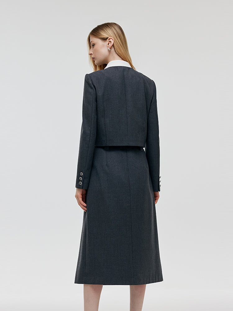 Wool Blend Crop Jacket And A-Line Skirt Two-Piece Set With Leather Belt GOELIA