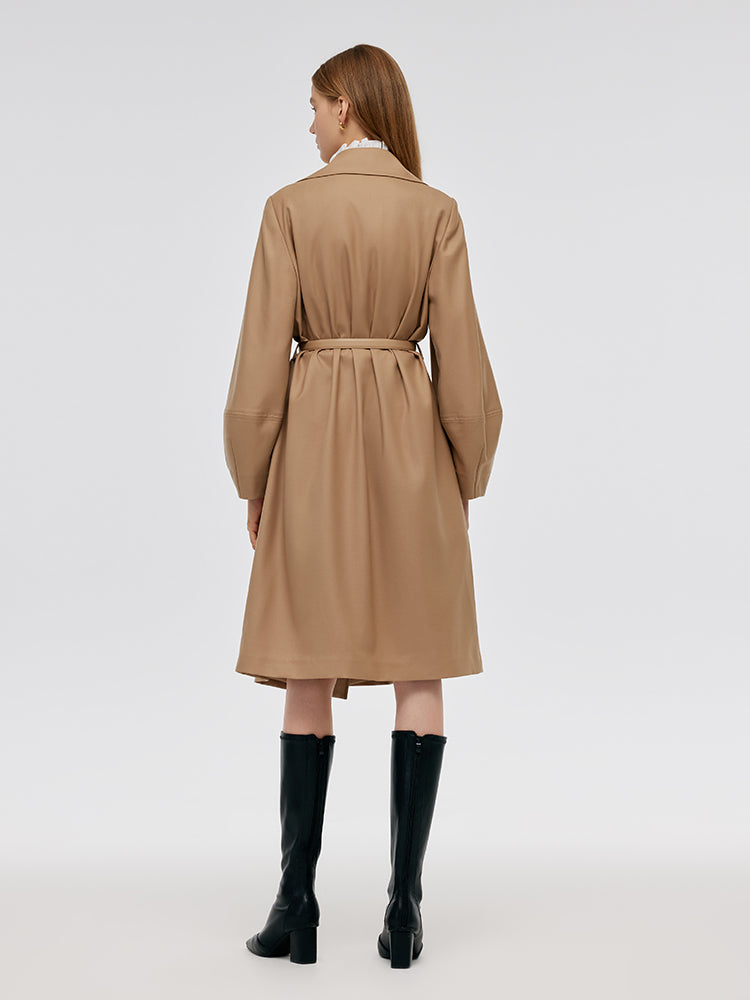 Worsted Wool Lantern Sleeve Women Trench Coat With Leather Belt GOELIA