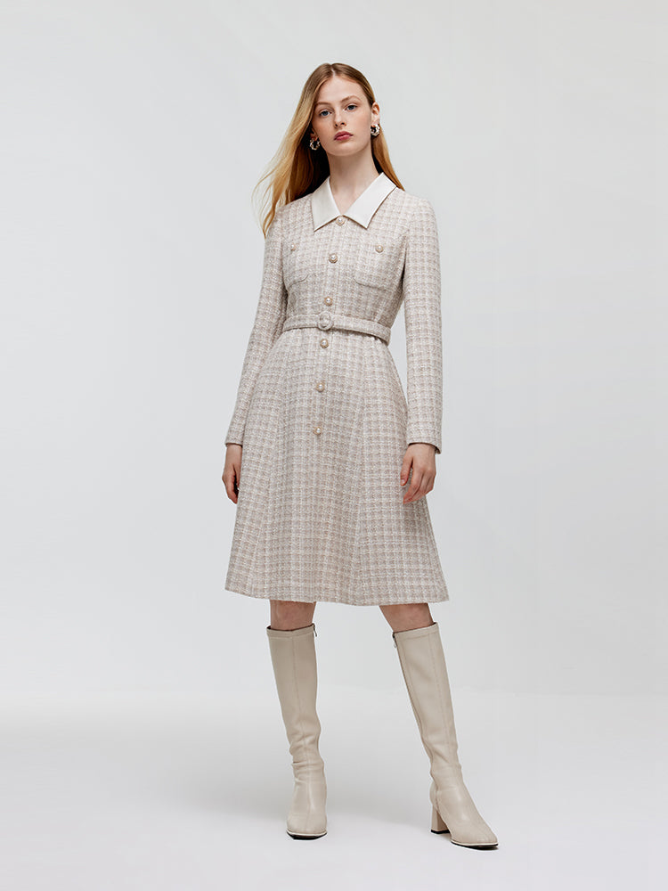 Wool Blend Tweed Patchwork Lapel Women Midi Dress With Belt GOELIA