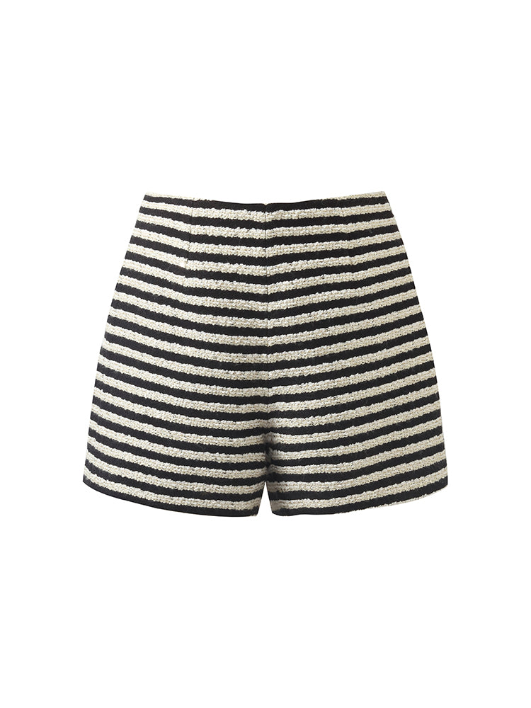 Black And White Stripe Tweed Women Shorts GOELIA