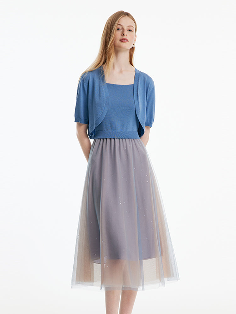 Two-Piece Set Blue Cardigan And Mesh Skirt GOELIA