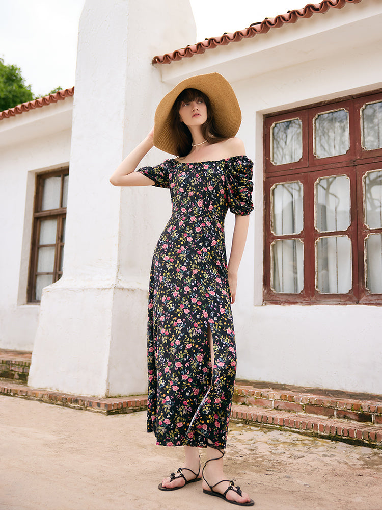 Mulberry Silk Rose Printed Women Maxi Dress GOELIA