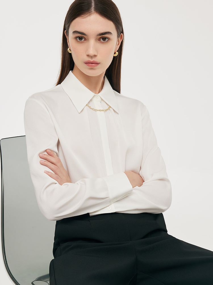 Acetate White Lapel Women Shirt With Detachable Chain GOELIA