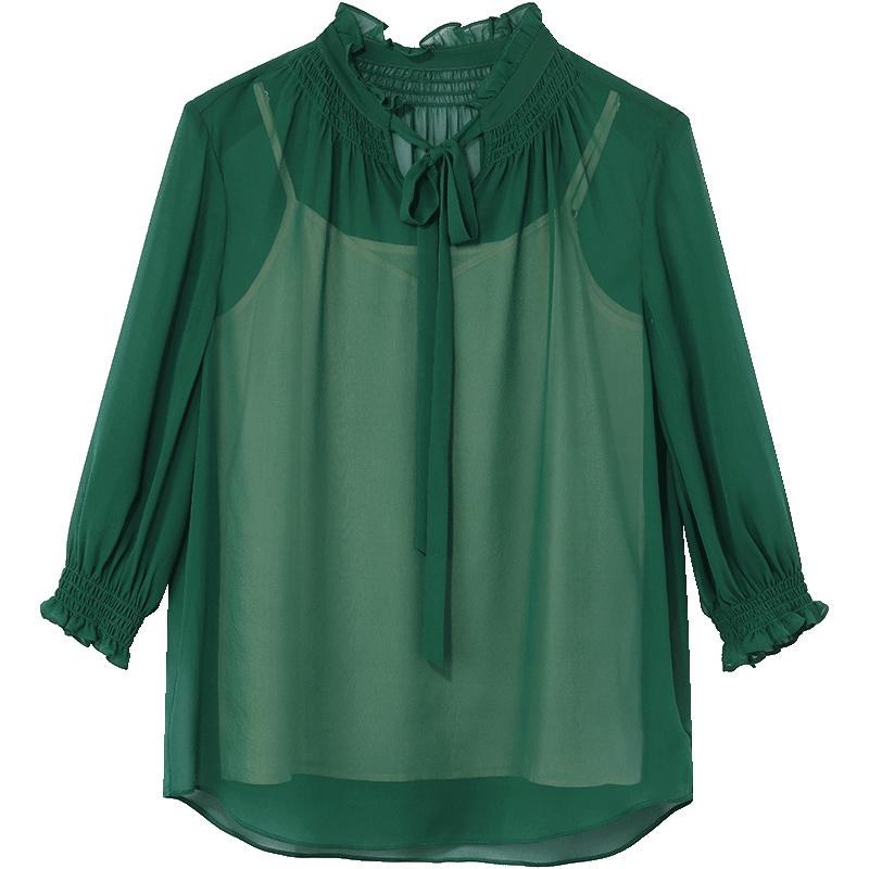 Green 10 Momme Silk Tied Women Blouse GOELIA