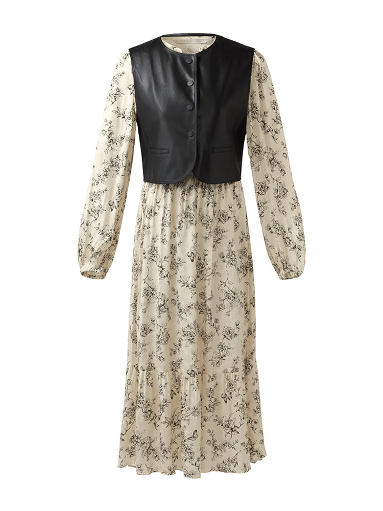 Eco-Friendly Fur Vest And Floral Printed Dress Two-Piece Set GOELIA