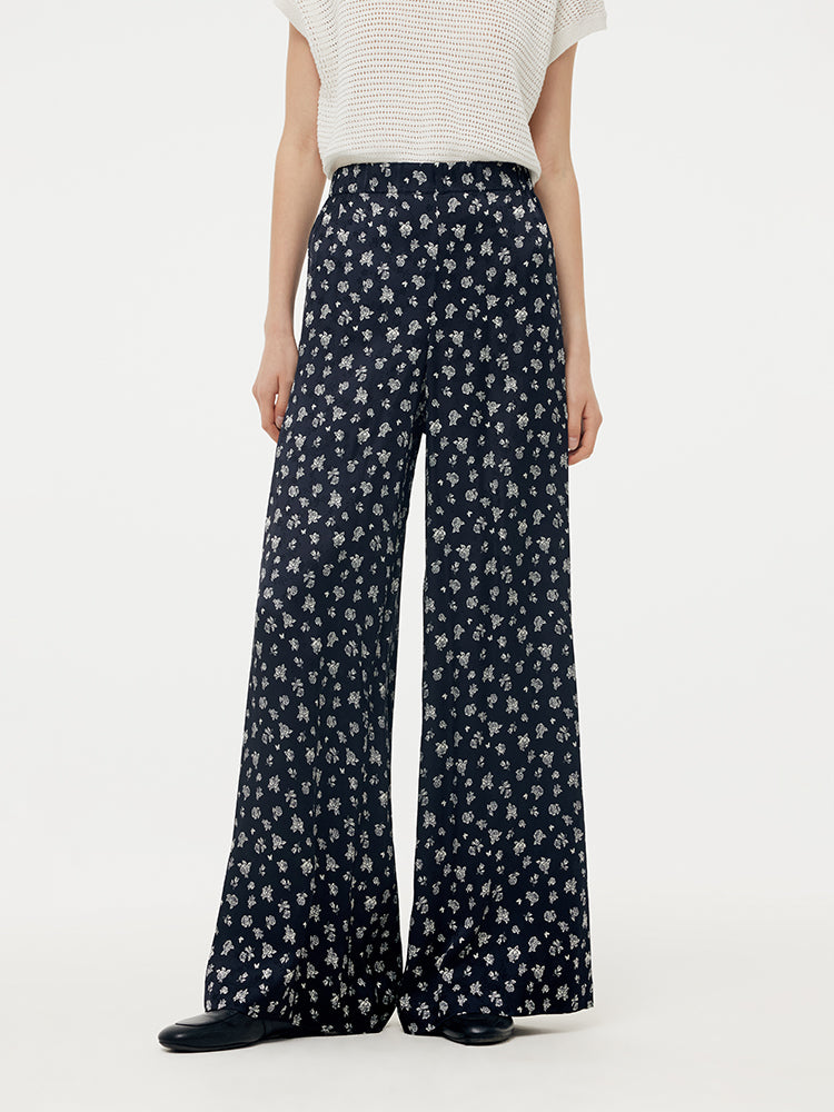 Floral Print Elastic Waist Women Wide Leg Pants With Scrunchie GOELIA