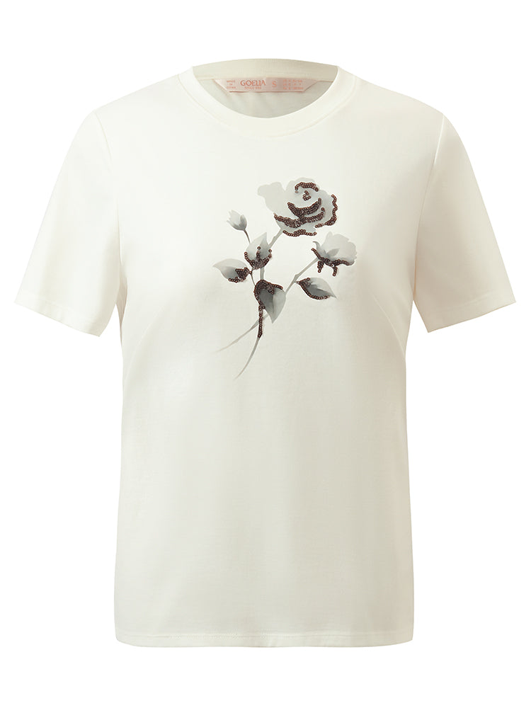 Rose Printed Sequins Women T-Shirt GOELIA