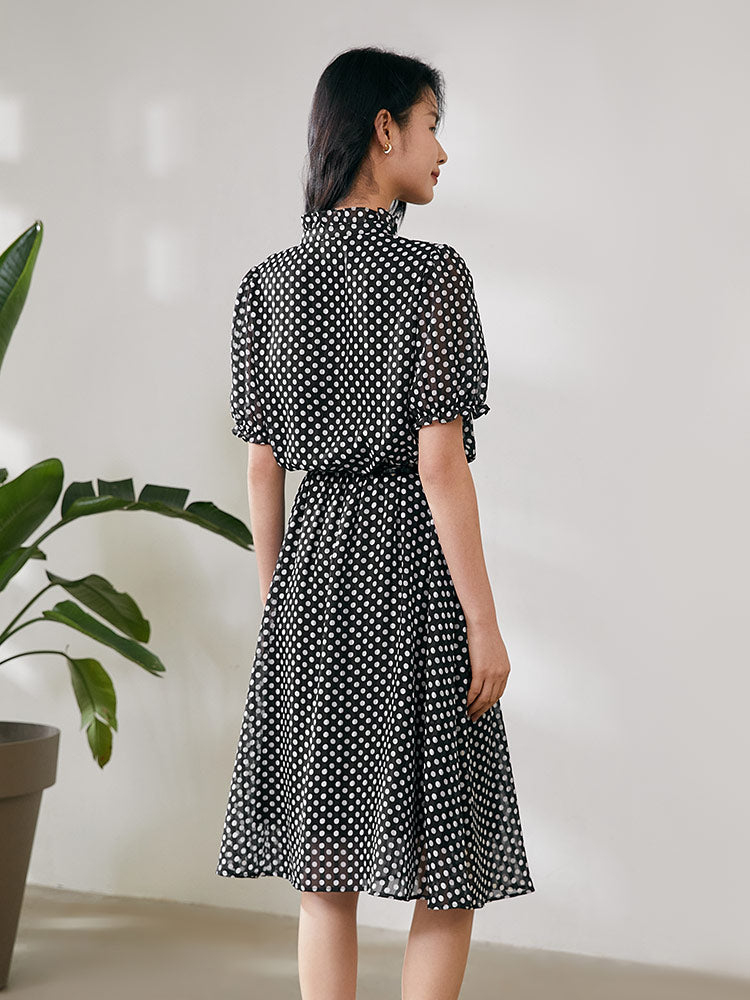 Short Sleeve Gathered Waist Polka Dots Midi Dress GOELIA