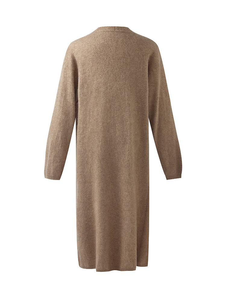 Light Camel Brushed Cashmere Long Women Cardigan GOELIA