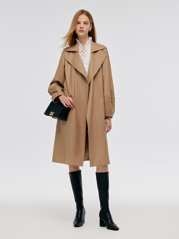 Worsted Wool Lantern Sleeve Women Trench Coat With Leather Belt GOELIA