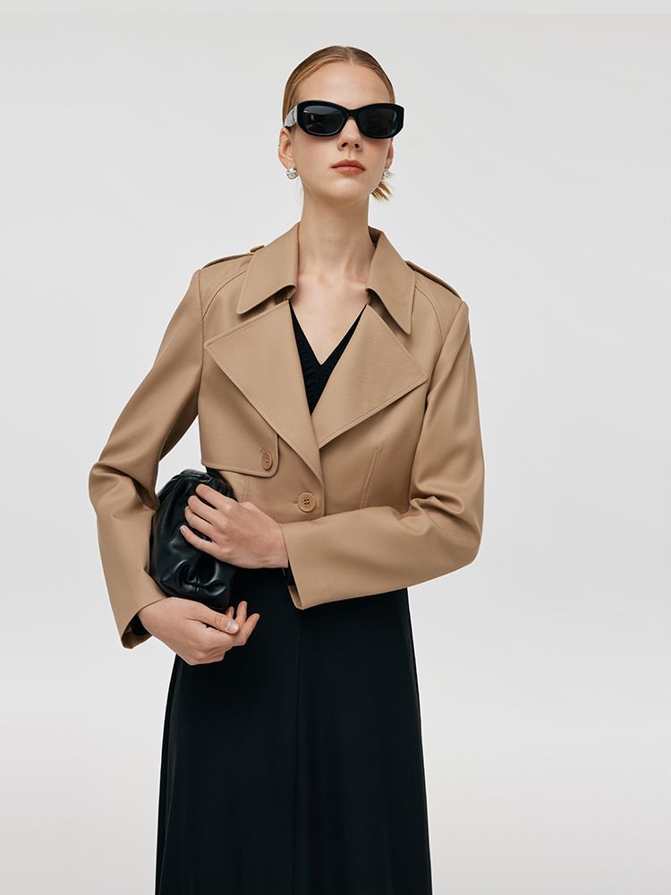 Worsted Wool Lapel Cropped Trench Coat And Acetate Midi Dress Two-Piece Set GOELIA