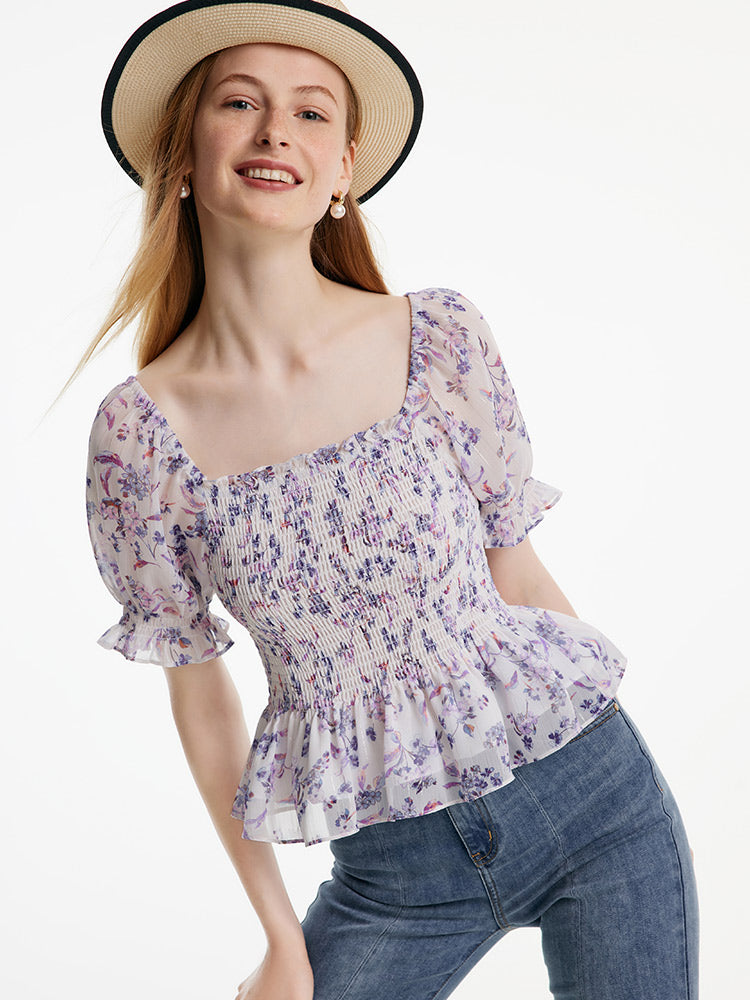 Purple Floral Off-Shoulder Ruffle Top GOELIA