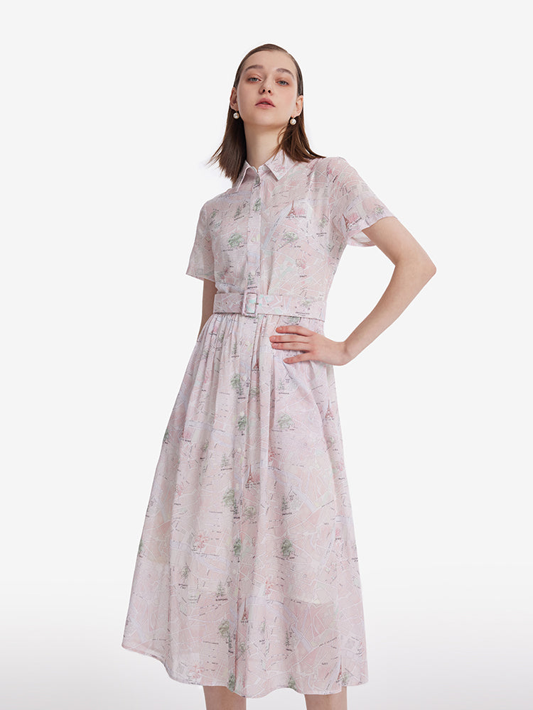 Map Printed Women Midi Dress With Bottomed Dress And Belt GOELIA