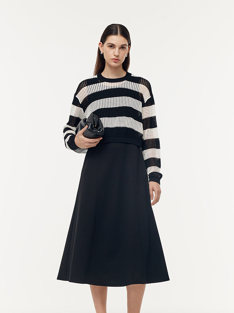 Triacetate Knit Vest Dress And Stripe Open-Knit Sweater Two-Piece Set GOELIA