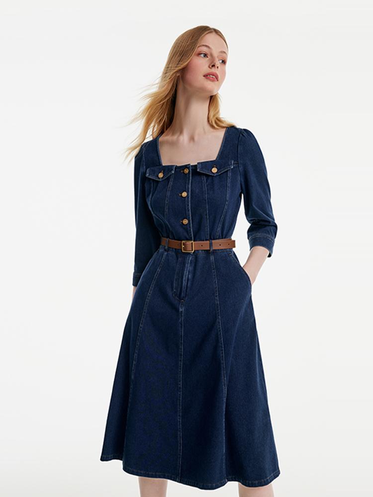 Square-neck Knit Denim Dress With Belt GOELIA