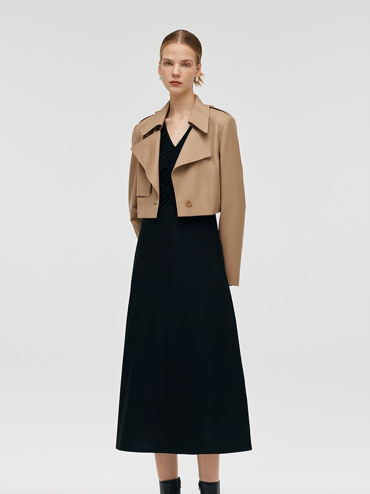 Worsted Wool Lapel Cropped Trench Coat And Acetate Midi Dress Two-Piece Set GOELIA