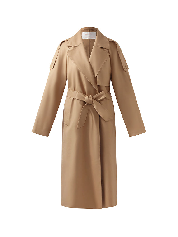 Worsted Wool Lapel Women Trench Coat With Belt GOELIA