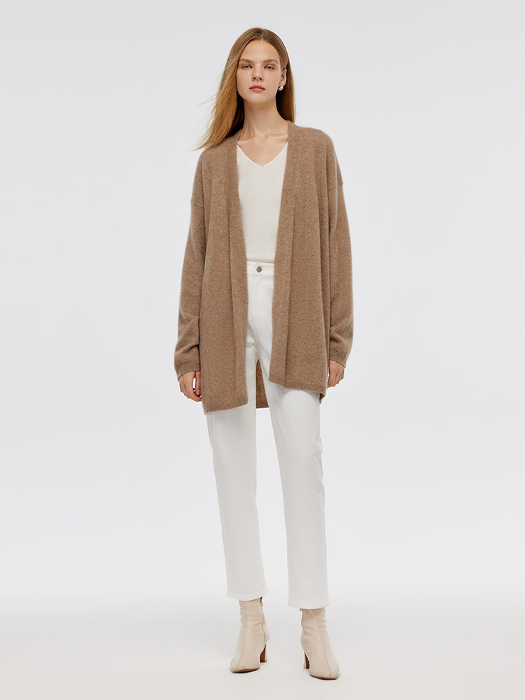 Light Camel Brushed Cashmere Short Women Cardigan GOELIA