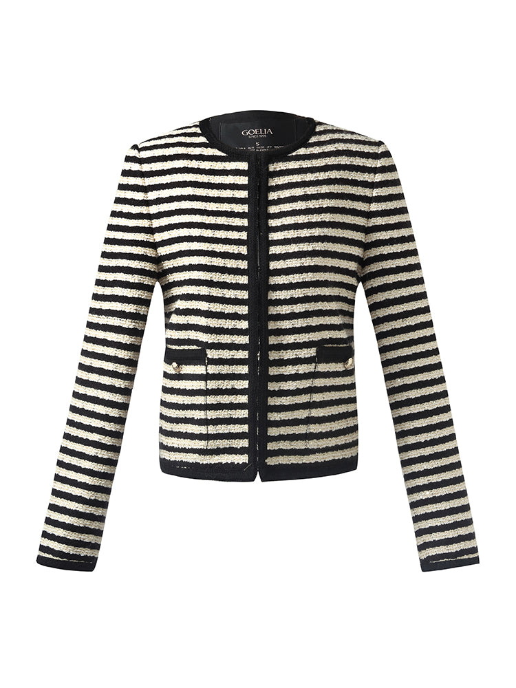 Wool Blend Black And White Stripe Tweed Women Crop Jacket GOELIA