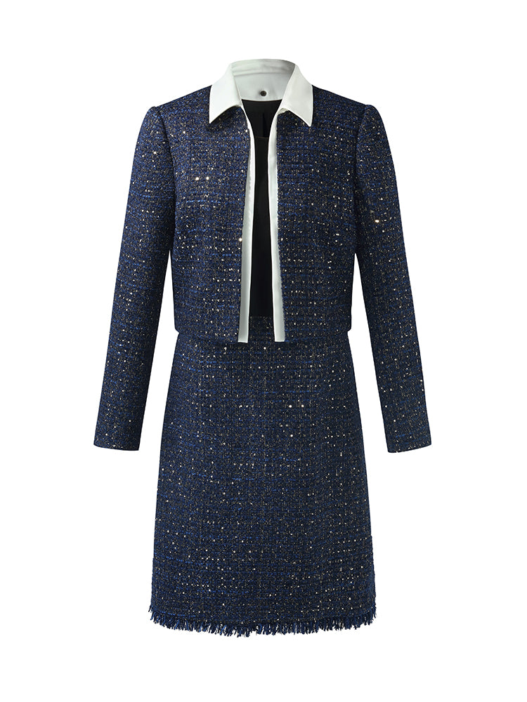 Tweed Women Crop Jacket With Detachable Lapel And Mini Dress Two-Piece Set GOELIA