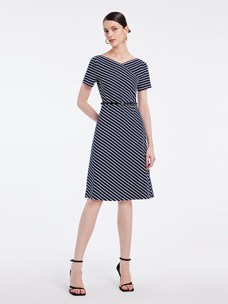 Knitted Stripe Dress With Leather Belt GOELIA