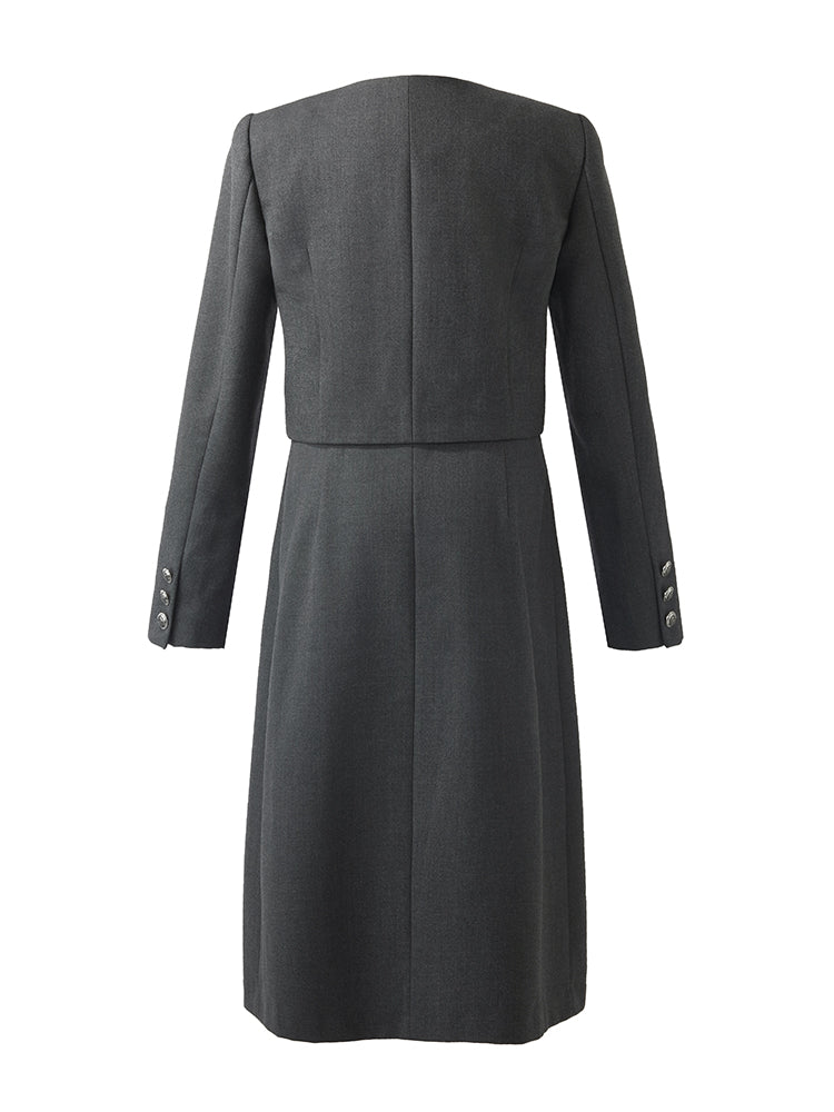 Wool Blend Crop Jacket And A-Line Skirt Two-Piece Set With Leather Belt GOELIA