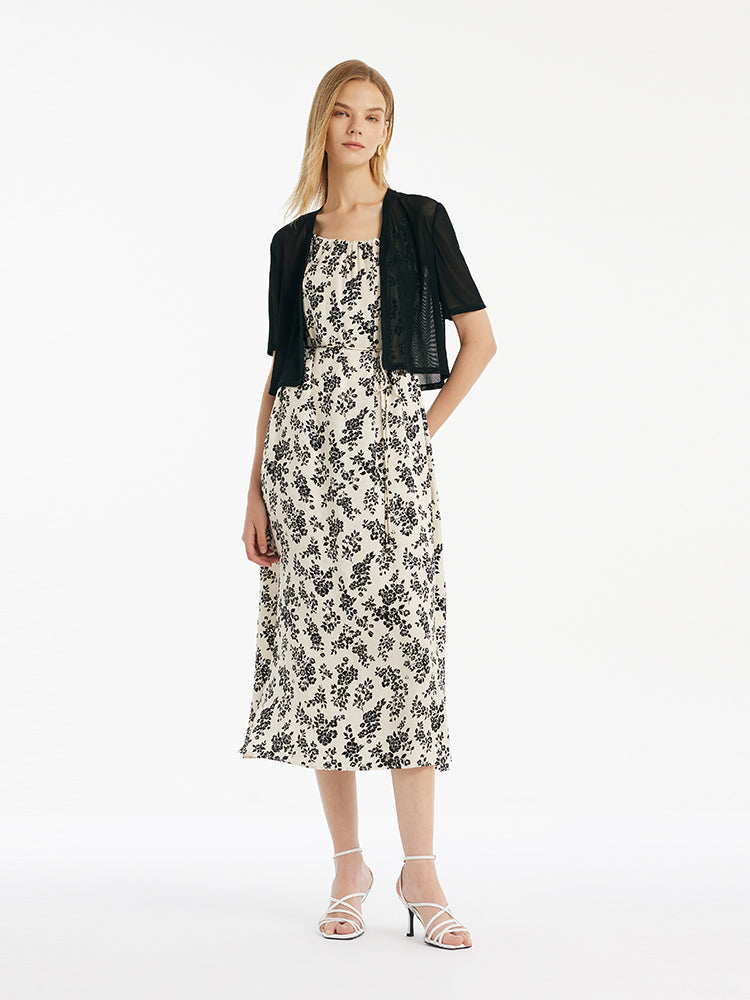 Camellia Printed Spaghetti Strap Dress And Knitted Cardigan Two-Piece Set With Belt GOELIA
