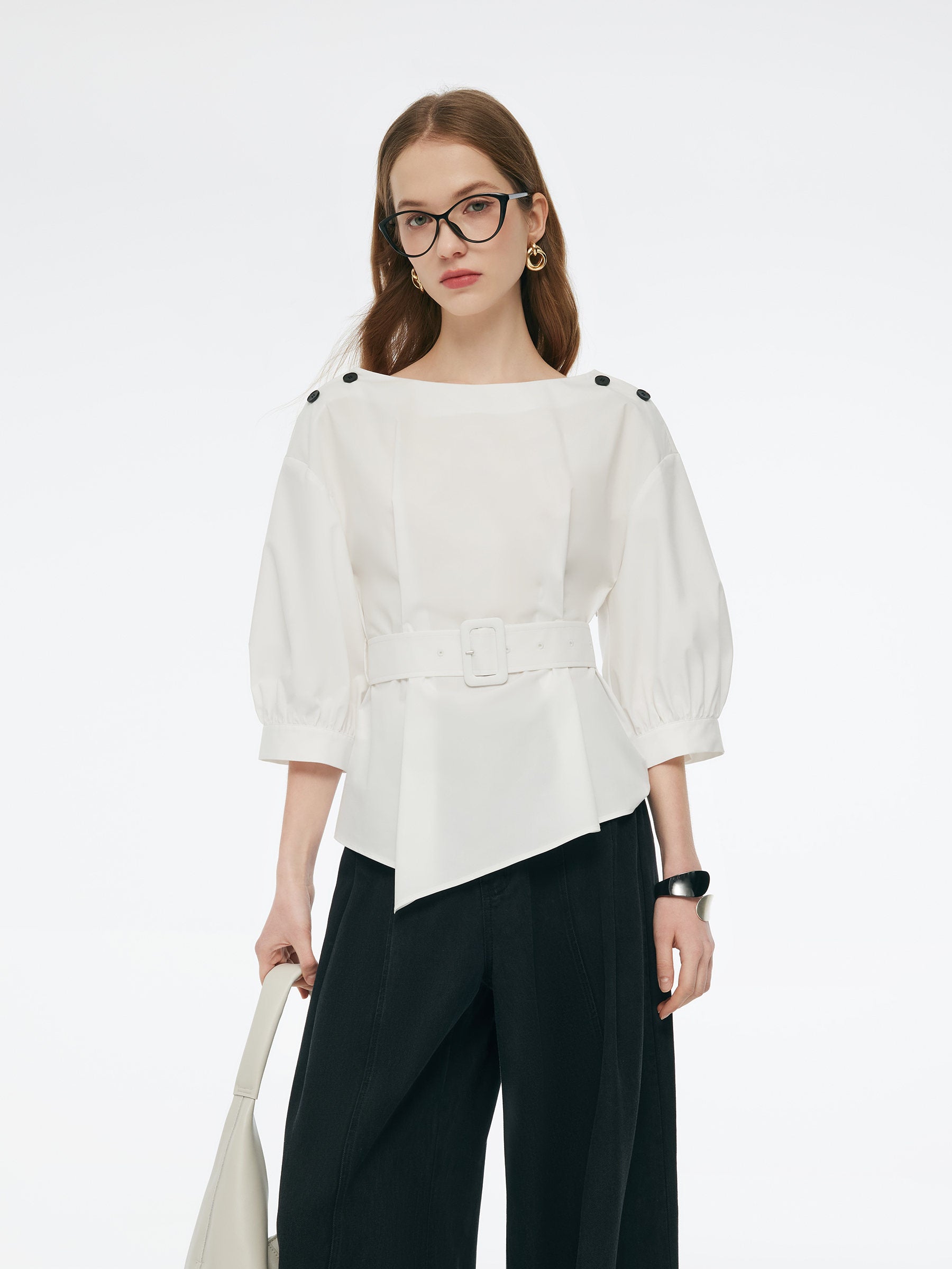 Boat Neck 3/4 Sleeve Women Blouse With Belt GOELIA